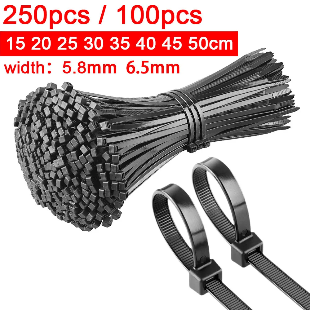 250/100pcs Plastic Nylon Cable Ties Self-locking Cord Ties 6*150 6*200 6*300 7*150 7*300 Black Cable Fastening Ring 5.8mm 6.5mm