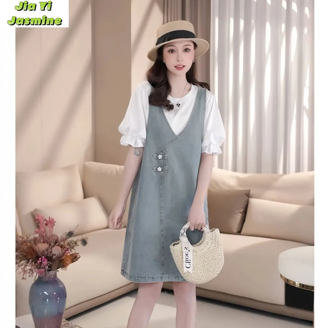 

2024 Summer Fashion Design Sense Western Style Age Reducing Top Denim Strap Skirt 2-piece Set