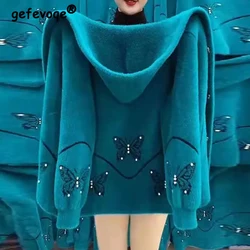 Middle Aged Elderly Women Fashion Butterfly Embroidery Rhinestone Velvet Mink Warm Coat Mother Casual Loose Button Hooded Jacket