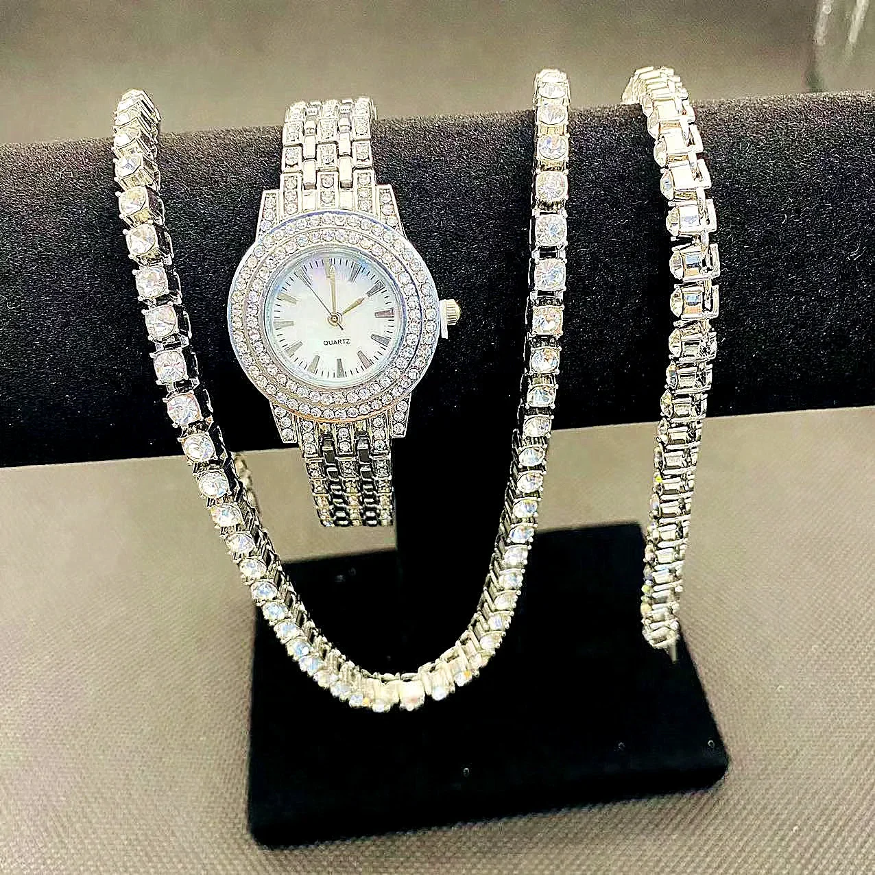 3pcs Luxury Iced Out Watches for Women Diamound Jewelry Set Link Chain Bracelet Necklace Bling Bling CZ Watch Women Reloj Mujer