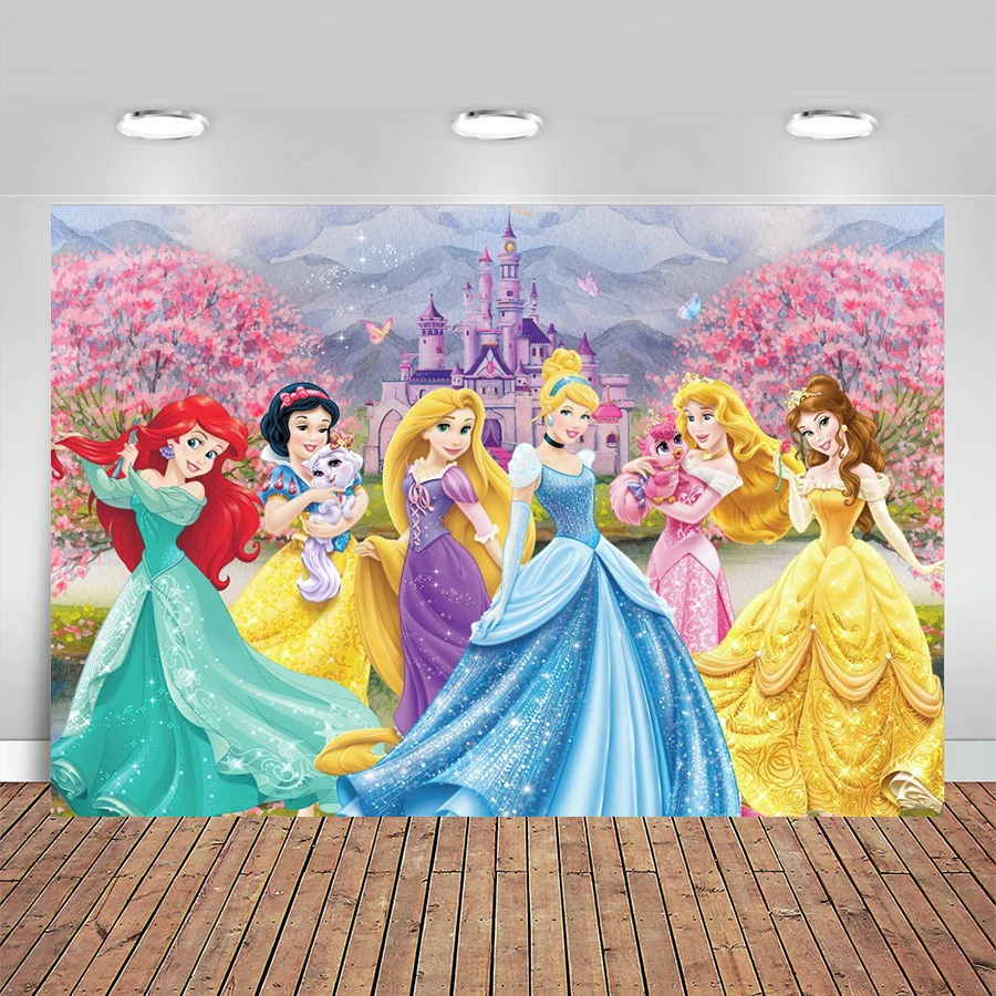 Cartoon Princess Theme Photo Backdrop Princess Girls Kid 1st Happy Birthday Party Decoration Baby Shower Photo Background Banner