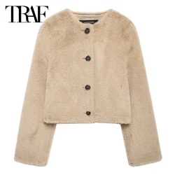 TRAF Women's Jackets Cropped Faux Fur Coat Women Plush Autumn Winter Jacket Woman Warm Long Sleeve Short Coats Fluffy Outerwears