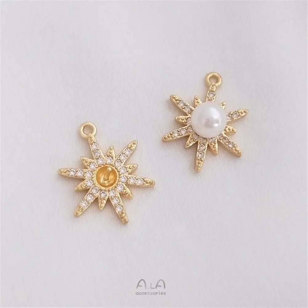 14K Gold Plated Micro Set Zircon Mang Star Snowflake Half Hole Pearl Holder Pendant DIY Star Pendant C093