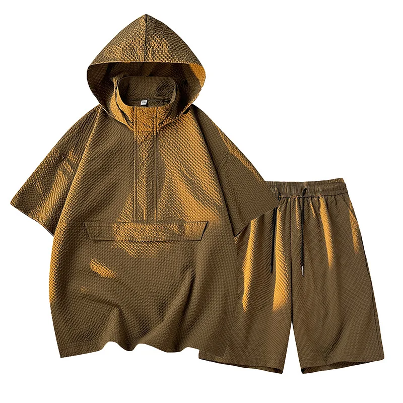 GELITAYIN Summer T-shirt Shorts Set For Men Trendy Brand Hooded Short Sleeves Loose Pullover Half Zipper Two Piece Quick Drying