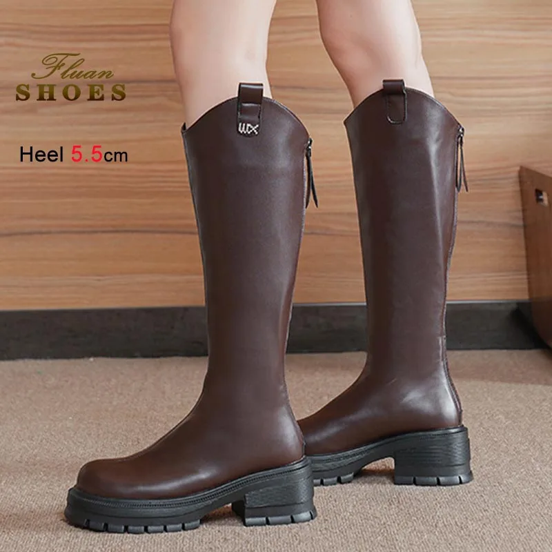 2025 New Knight Boots Woman Classic Tall Boots Thick Soled Casual Versatile Knee Length Boots Brown Coarse Heel Ladies Long Boot