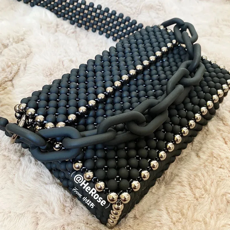 Black Beaded Crossbody Bags for Woman Fashion Retro Ins Chain Women\'s Shoulder Bag Versatile Texture Woven Handbag Bolsos Mujer