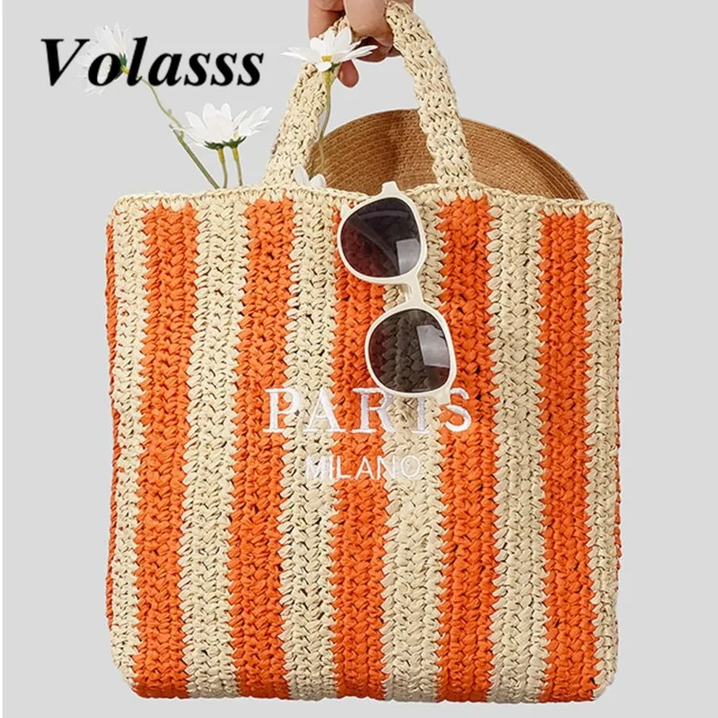 VOLASSS Summer Straw Beach Handbag Women New Stripe Handwoven Grass Tote Bag Vacation Holiday Large Capacity Shoulder Bag Purses