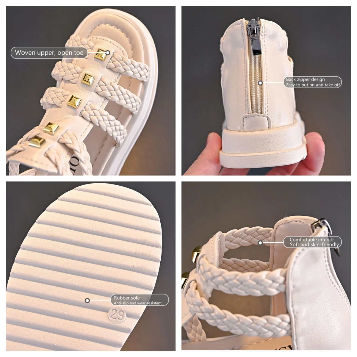 Girls Sandals 2024 Summer New Fashion Children Roman Shoes High Top Back Zipper Princess Kids Shoes Baby PU Solid Color Sandals