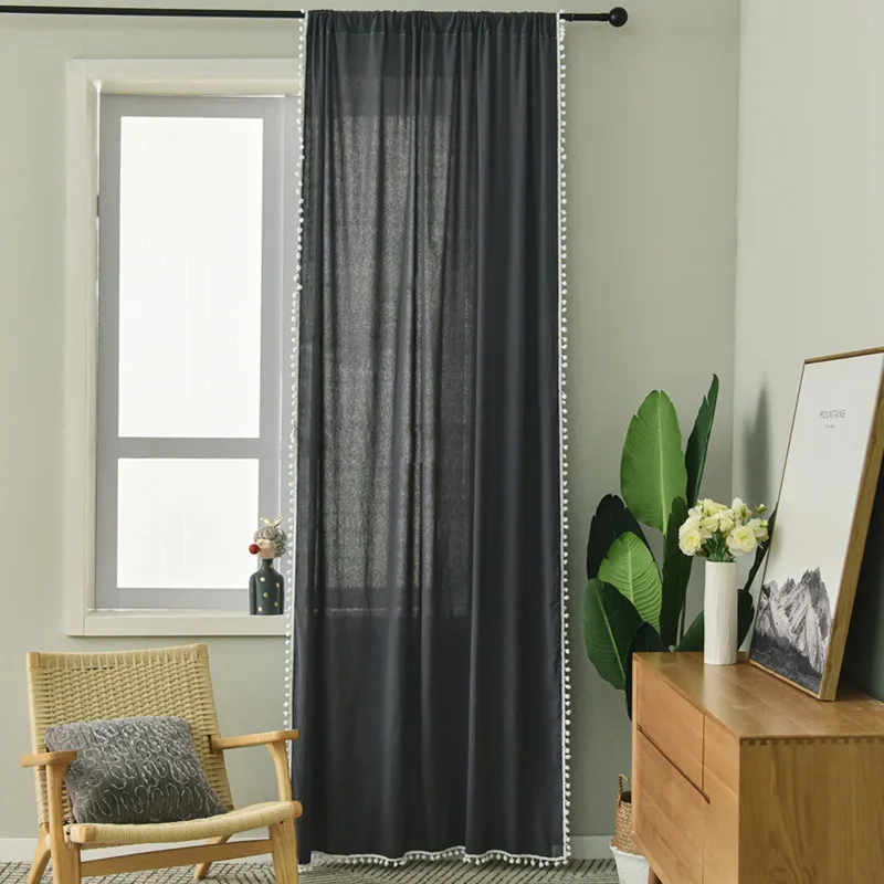 Cotton Solid Curtain for Living Room with Tassel Thick Linen Fabric Drapes for Bedroom Farmhouse Window Curtain with Hooks