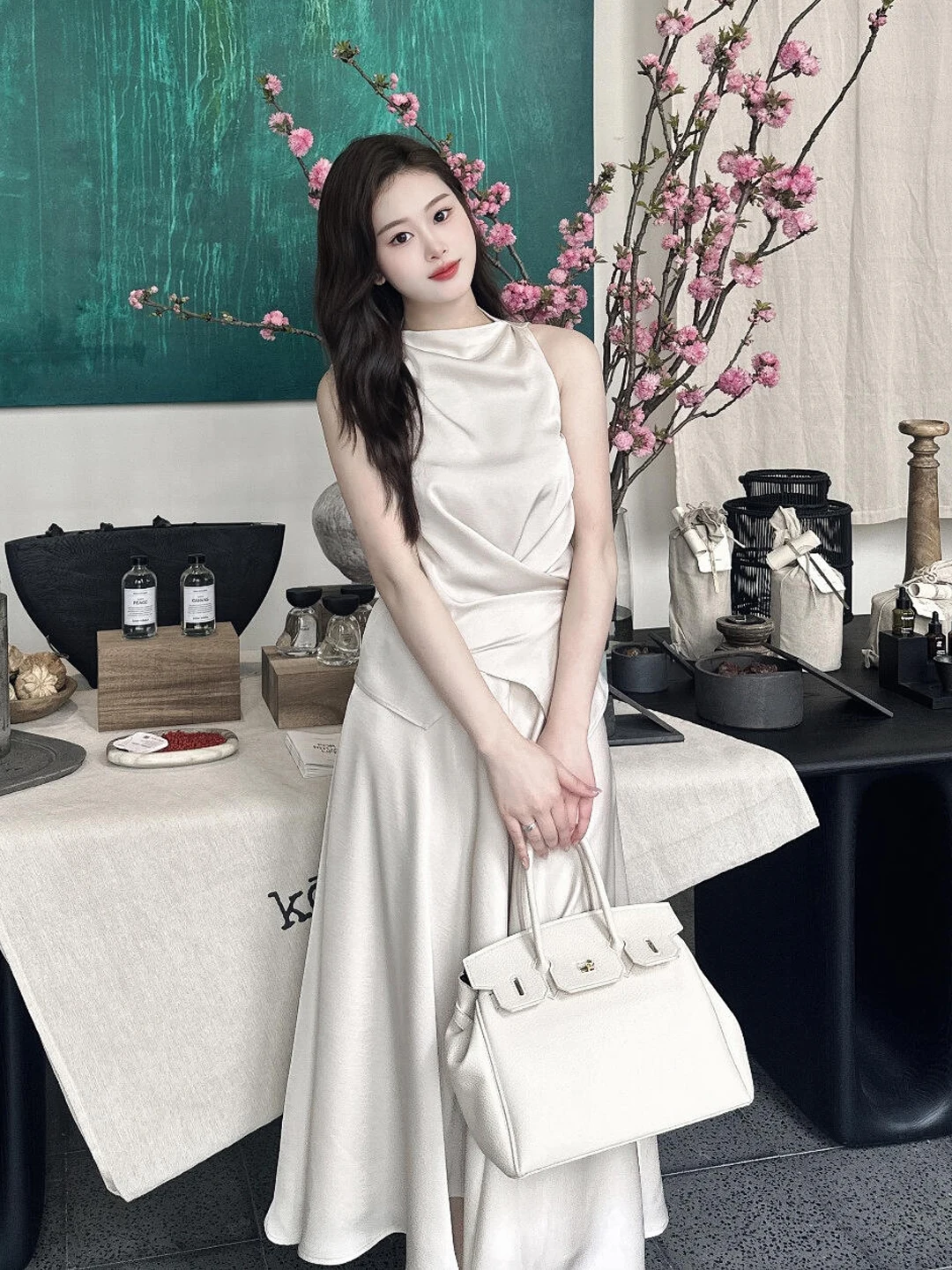 

Summer Gentle Two-Piece Set Sleeveless round Neck Slim Fit Vest Women's High Waist Skirt Casual Style Polyester Fiber