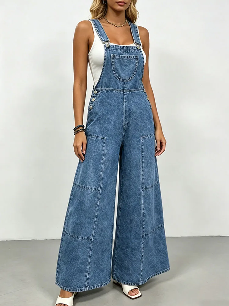 2026 Summer Fashion Loose Denim Jumpsuits Women Korean Style Vintage Pockets Wide Leg Pants Streetwear Casual Versatile Overalls