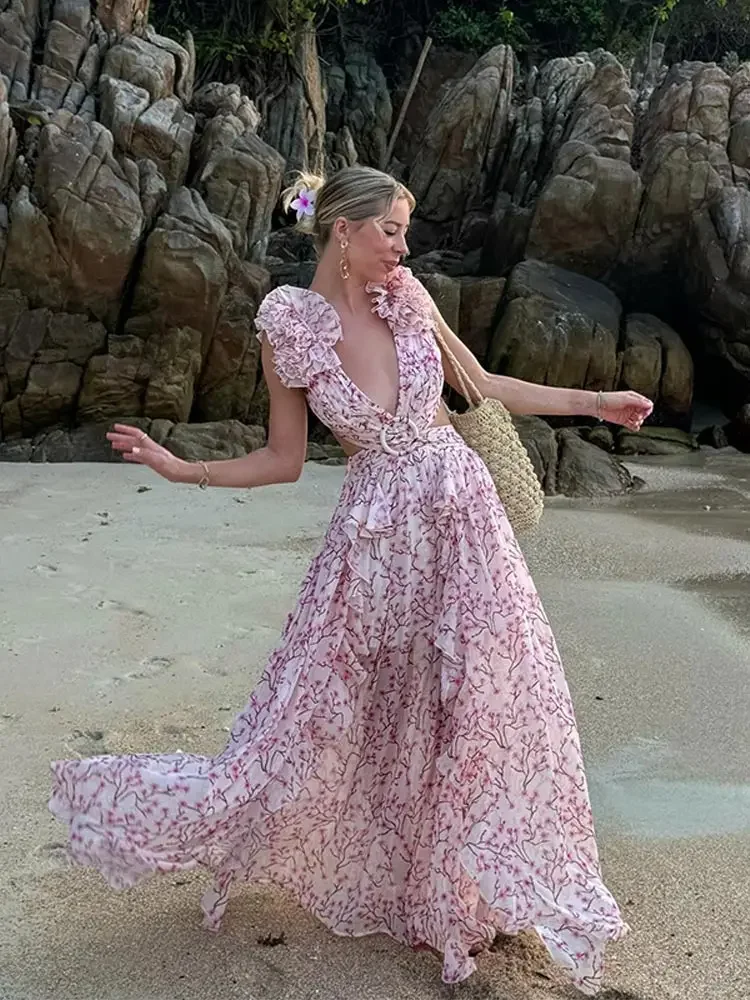 Sommer Frauen Blumen gedruckt rücken frei aushöhlen langes Kleid elegante V-Ausschnitt Falten kleider 2024 Dame Strand urlaub Vestidos