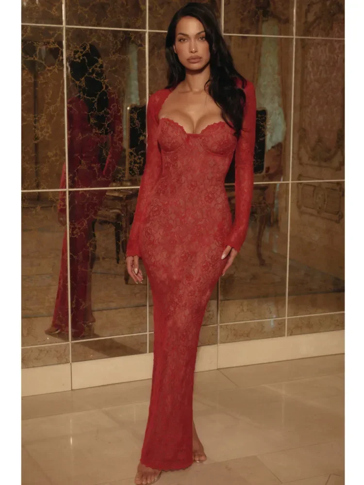 Chaxiaoa Elegant Lace Sheer Shawl Long Sleeve Top Two-Piece Set Women Sexy Tight Mermaid Dress Winter Party Club Evening Dress