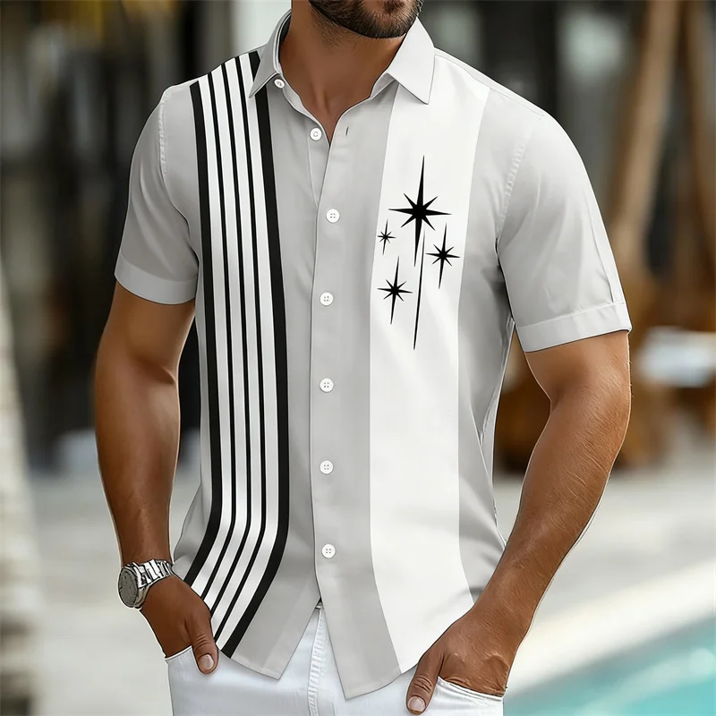 قميص رجالي عصري بأكمام قصيرة وطبعة نجوم مخططة ملونة، قميص هاواي كاجوال بنمط عطلة، قميص رجالي فريد من نوعه #6