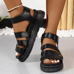 New Women's Leather Roman Sandals  Women's Sandals Summer Thick-soled Sandals Fingerless Metal Buckle Stitching Fashion Shoes