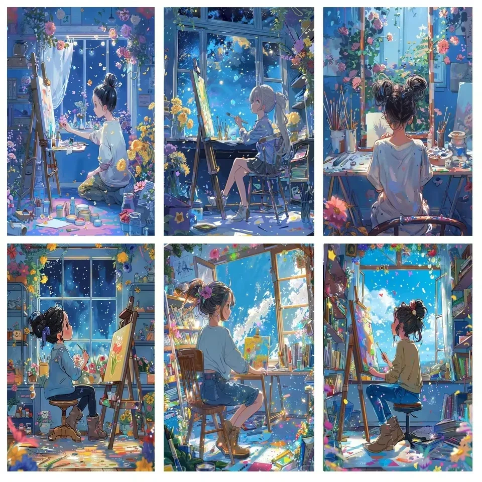 Warm Studio Lass Painting By Window Floral Night Sky Diamond Painting, Handmade Art Exquisite Creative Gift Home Decoration