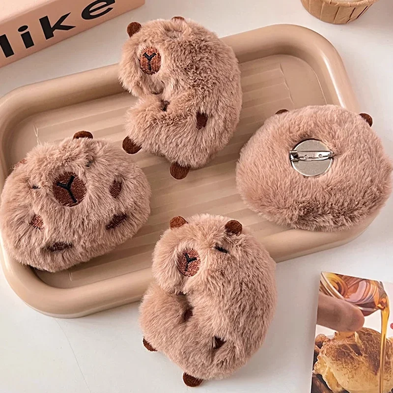 Cute Cartoon Capybara Plush Doll Brooch Bag Decoration Creative Fluffy Animals Stuffed Badge Pin For Women Birthday Gift