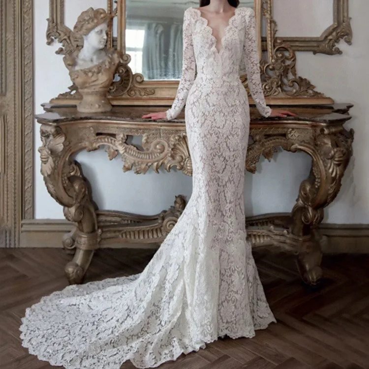 Korea Lace Appliques Mermaid Court Wedding Gowns Vintage Long-sleeve Formal Dresses Evening Party Dress