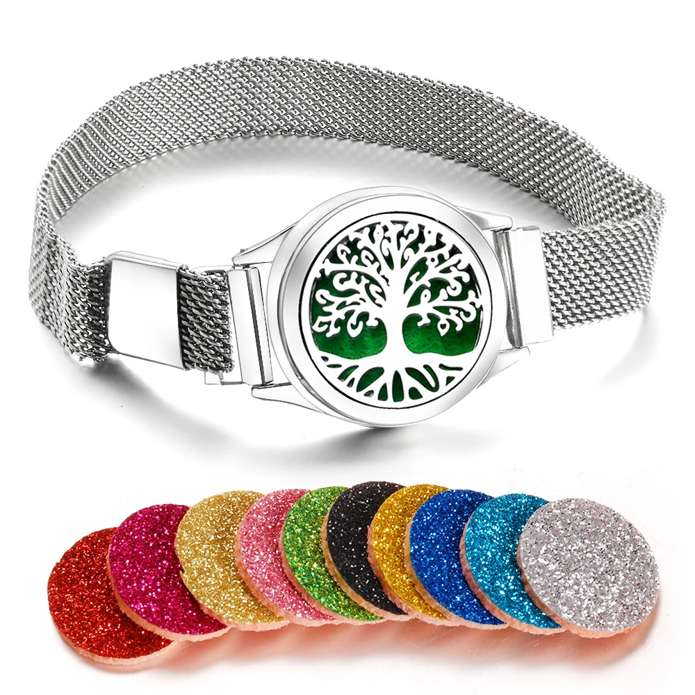 Jewelry Essentials Watches - 高品質の生命の樹アロマセラピーブレスレットステンレス鋼エッセンシャルオイルディフューザー 28 ミリメートル時計リストバンドバングルジュエリーギフト