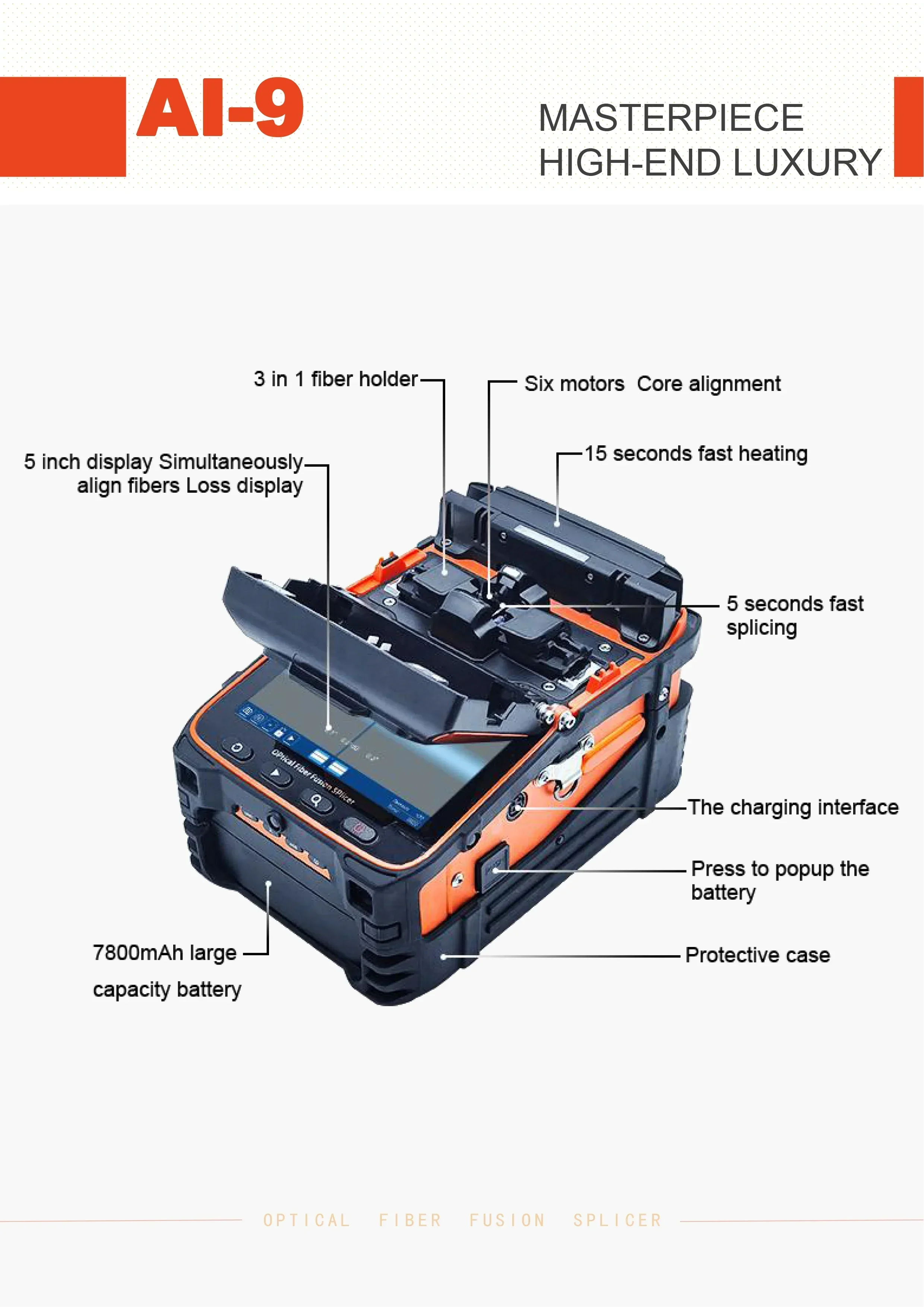 AI-9 Signal Optical Fire Fusion Splicer Multi-language Optical Fiber Fusion Splicer FTTH Fiber Splicing Machine