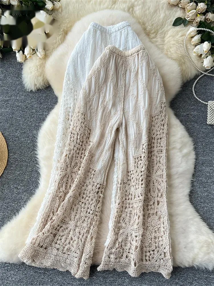 

Korean Women Knitting Trousers Summer Embroidery Splice Hollow Out Elastic Waist Loose Beach Long Wide Legs Pants