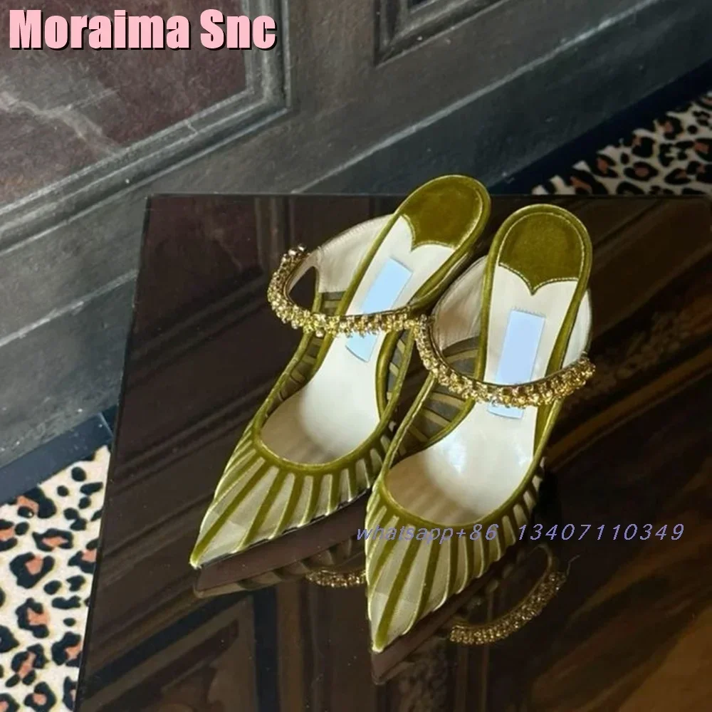 Pointed Toe Crystal Detailing Slippers Fashion Mesh Shallow Stiletto High Heels Luxury Sexy Women\'s Summer Shoes Sandals Banquet