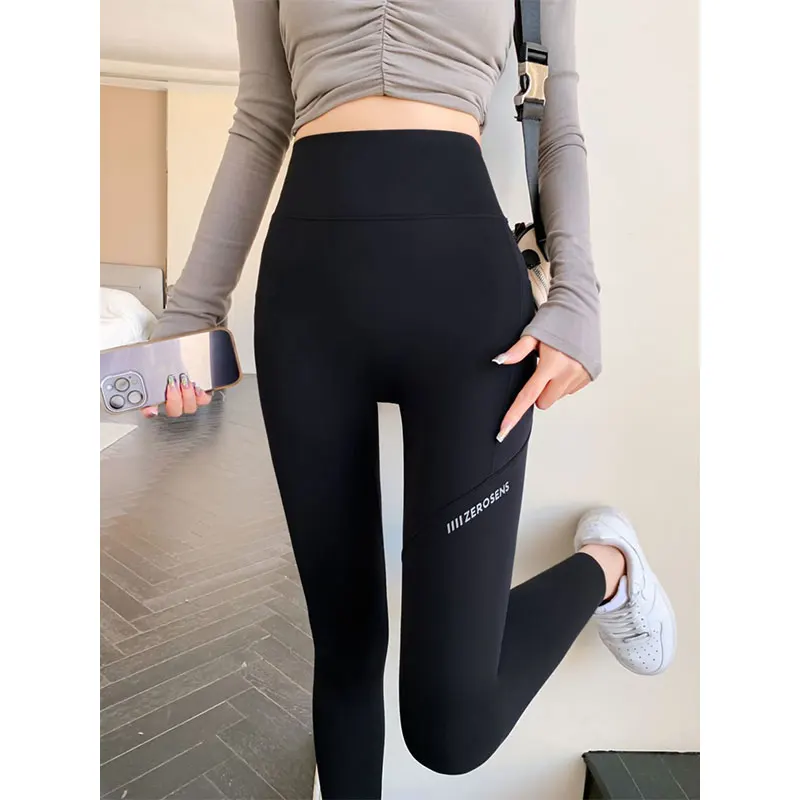 Women\'s Autumn Casual Fashion Simplicity Solid Color High Waist Nine Points Leggings Women Clothes Thin All-match Yoga Pants