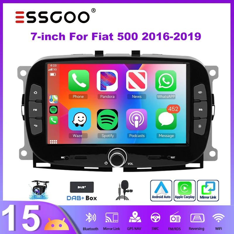 Multimedia-Bildschirm ESSGOO Android15 7" 4+64 GB für Fiat 500 Abarth 2016-2019 Wireless CarPlay Autoradio GPS Navigation WiFi RDS FM CANBUS Mirror Link Android Auto Lenkradsteuerung Touchscreen