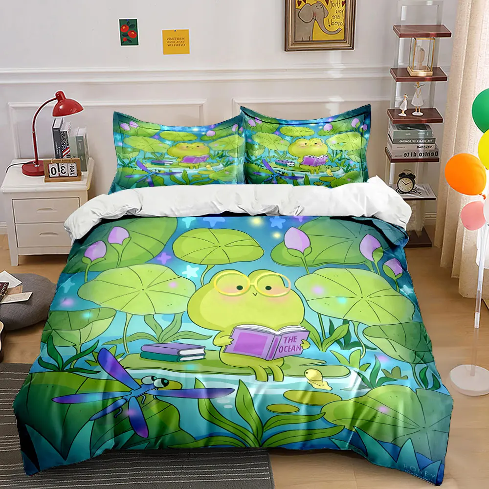 

"Frog Reading Set in Nature" Exquisite three-piece bedding set gift for kids and adults