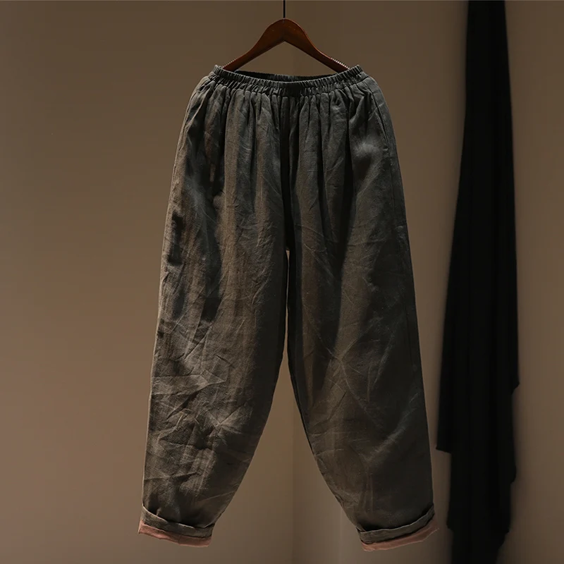 Retro Literary Cotton Linen Harem Pants 2024 New Winter Cotton-Padded Casual Warm Outerwear Trousers Quilted Wide Leg Pants