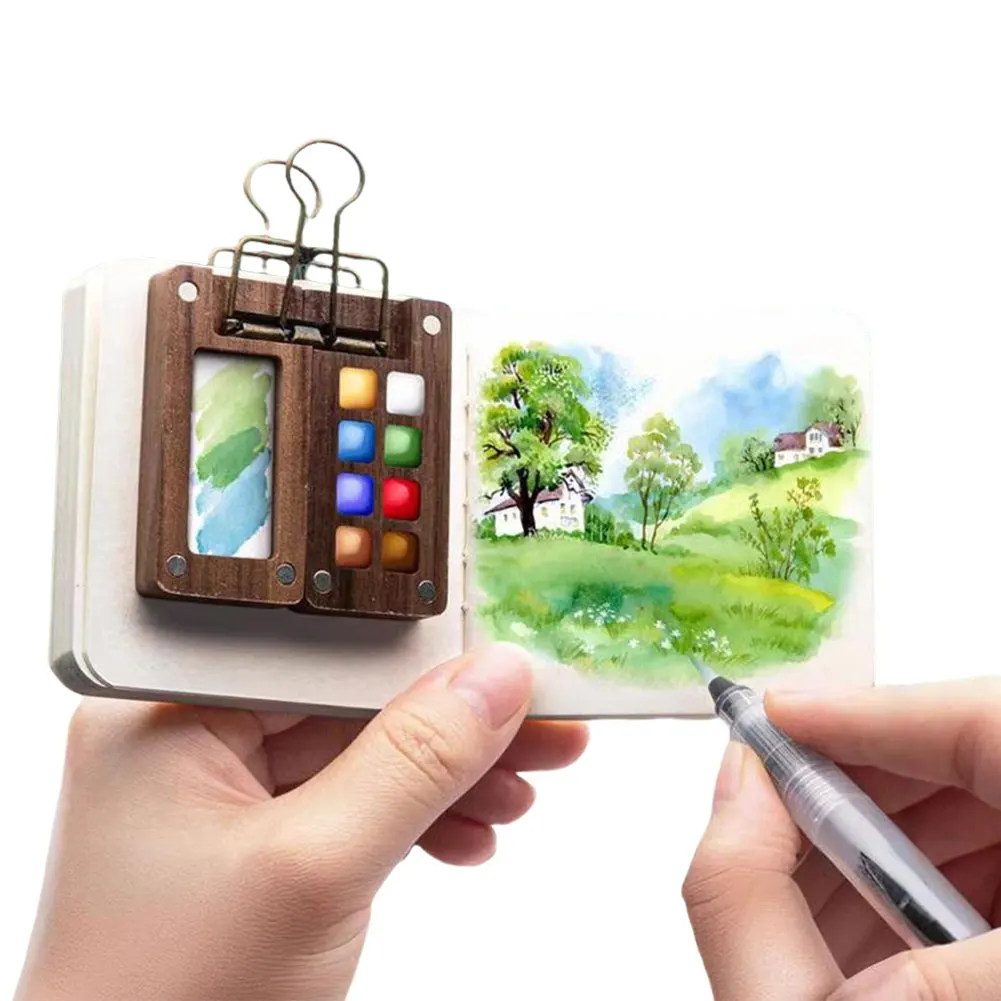 Travel Paint Palette Pocket Artist Watercolor Set with Clip Portable Watercolor Set Wooden Grid Paint Box for