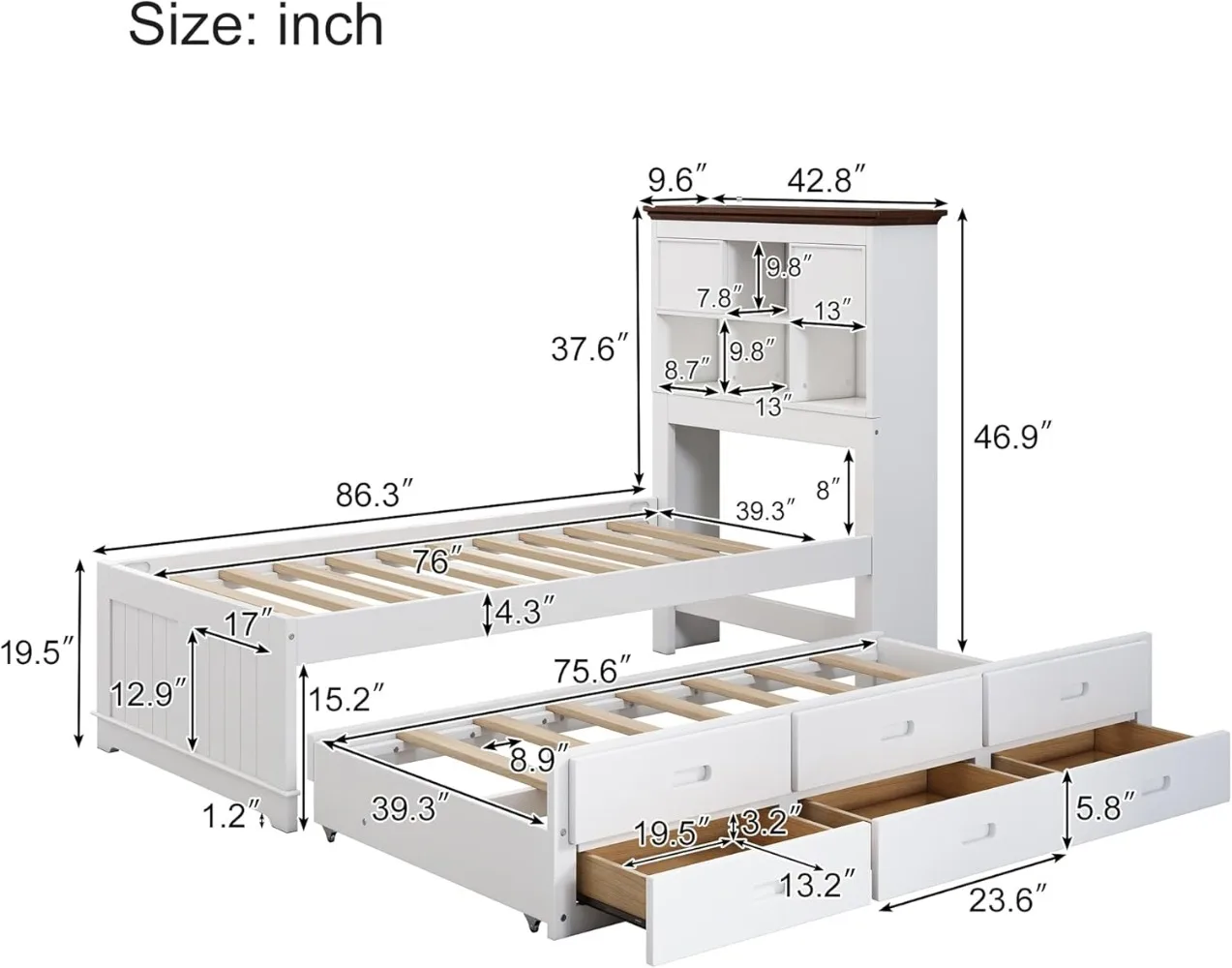 Cama de capitão duplo com rodízio e gavetas de armazenamento, cama de plataforma de madeira com cabeceira de estante, estrutura de cama branca com ripas