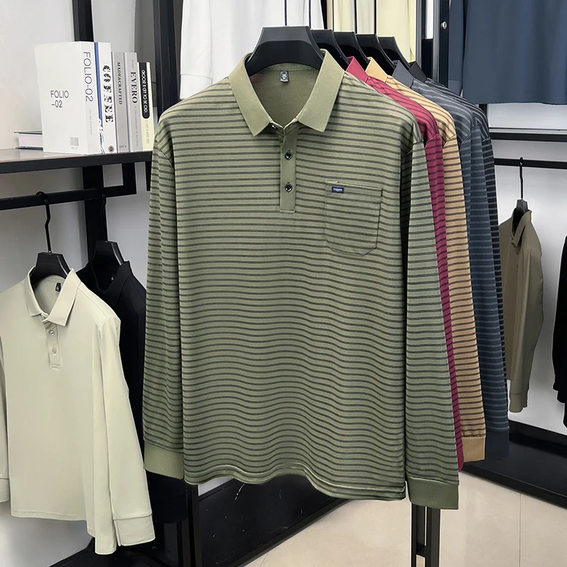 Herren-Polohemd mit langen Ärmeln und Brusttasche, gestreift, lässiger Business-Look, Herbst, Alltag, weich, atmungsaktiv, Herrenbekleidung. – Detail 9