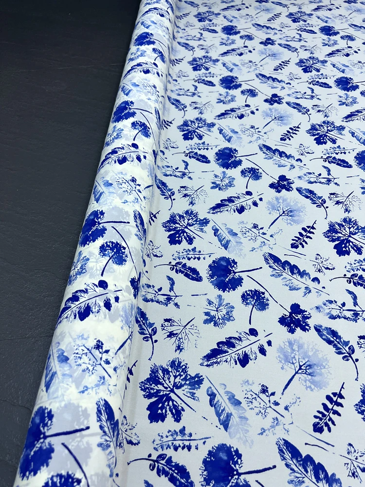 Blue Leaves White Natural Mulberry Silk Stretch Double Georgette Fabric for Shirts and Dresses