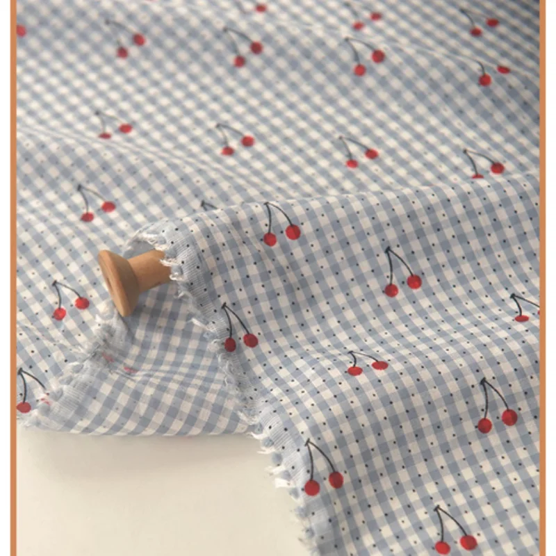 Little Plaid Fabric with Cherry, Polyester Cotton Fabric, Cheongsam Shirt Dress, Children Cloth, Table Cloth Curtain