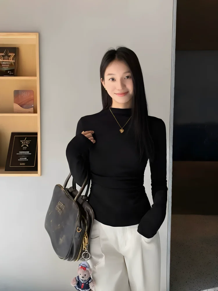 Women's Slim Fit Long Sleeve T-Shirt Half High Collar Fleece Lined Waist Cinching Base Layer Top plus Size Commute Style