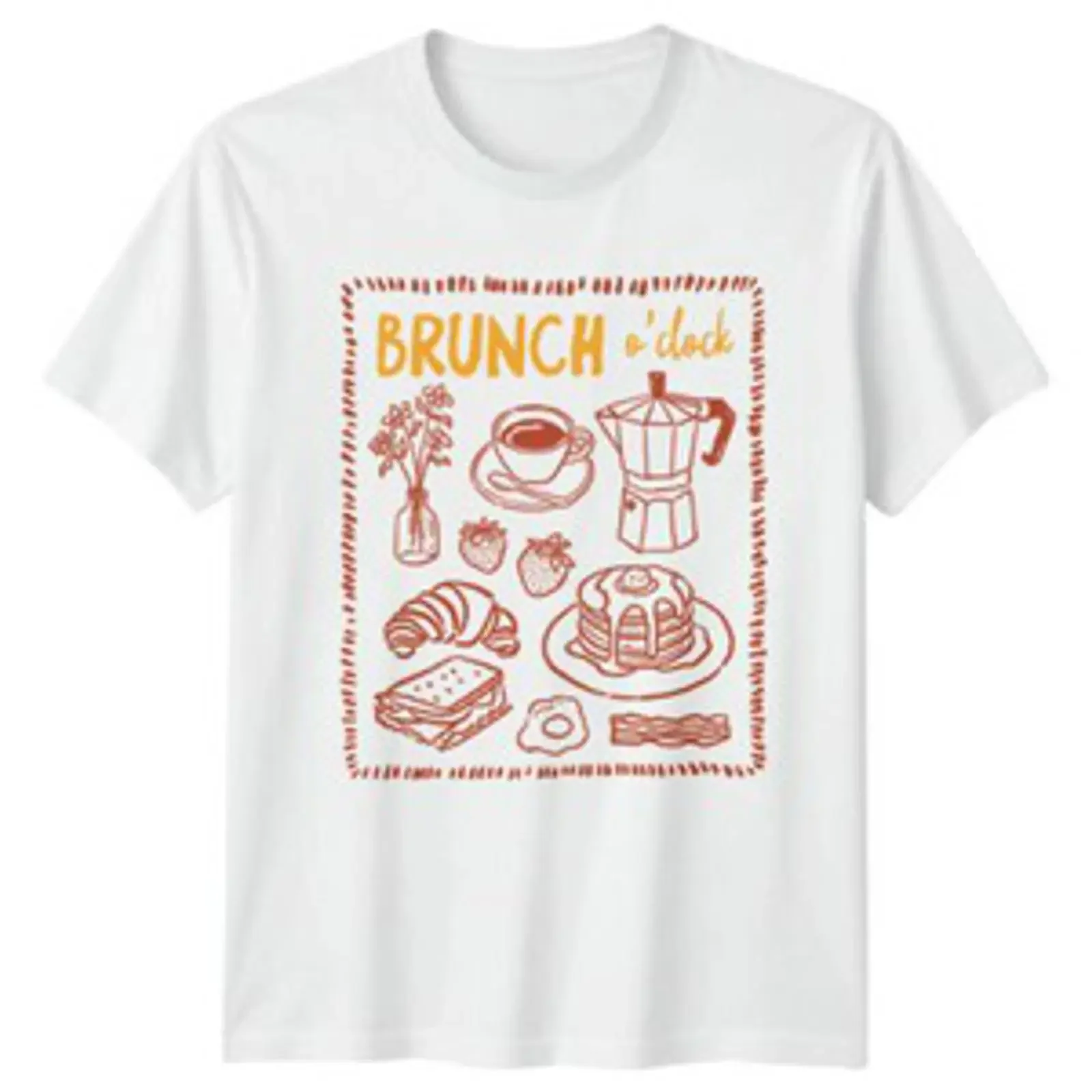 Camiseta Unisex con Estampado Gráfico Vintage de Brunch Oclock Comida y Bebida para Hombre y Mujer, Estilo Lavado, para Uso Diario, Ropa Urbana Suave