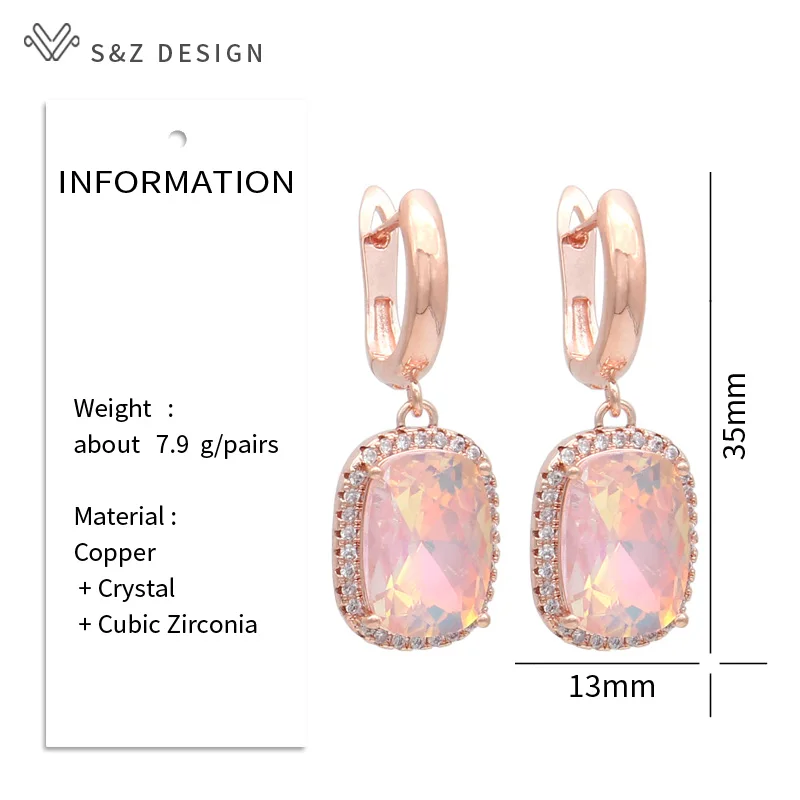 S&Z DESIGN New Fashion Elegant Rectangle Crystal Dangle Earrings For Women Wedding 585 Rose Gold Color Cubic Zirconia Jewelry