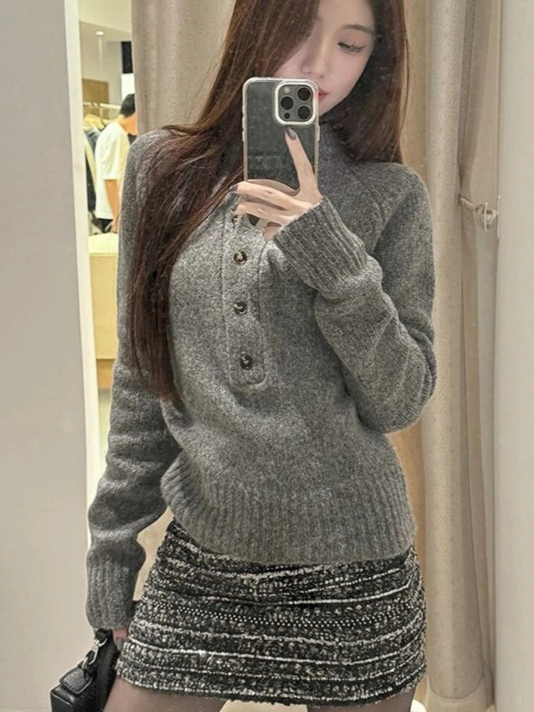 

Модный вязаный свитер с полуоткрытым воротником для женщин, однотонный корейский джемпер, винтажный шикарный пуловер на пуговицах