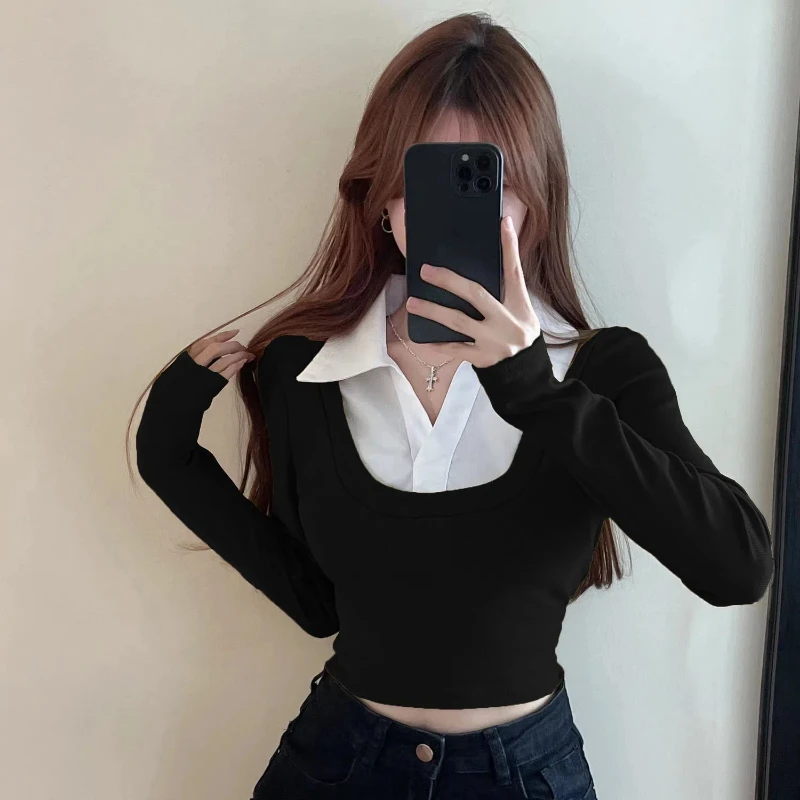 Women\'s Polo Shirts Button Sexy T-shirts Slim Long Sleeve Clothes Tee Crop Top Fake 2 Pcs Korean For Ladies Hot Girl Blouses