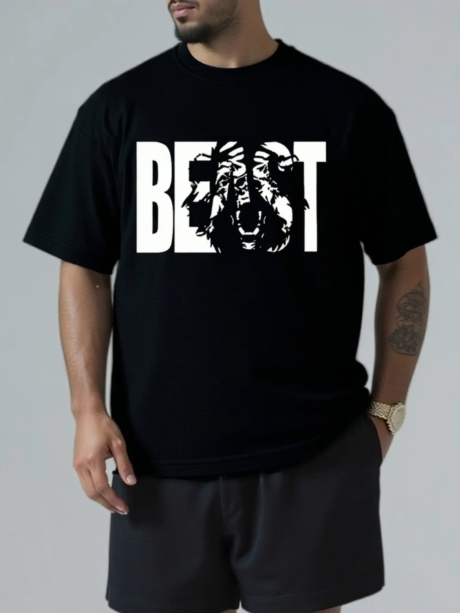 Summer Men's 100_ Pure Cotton Casual Loose Fit Plus Size Beast Printed Comfortable Round Neck Short Sleeved T-shirt Top