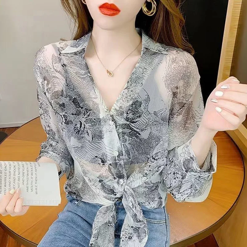 Stylish Lapel Button Printed Bandage Chiffon Shirt Women\'s Clothing 2023 Spring Summer New Casual Tops Loose Office Lady Blouse