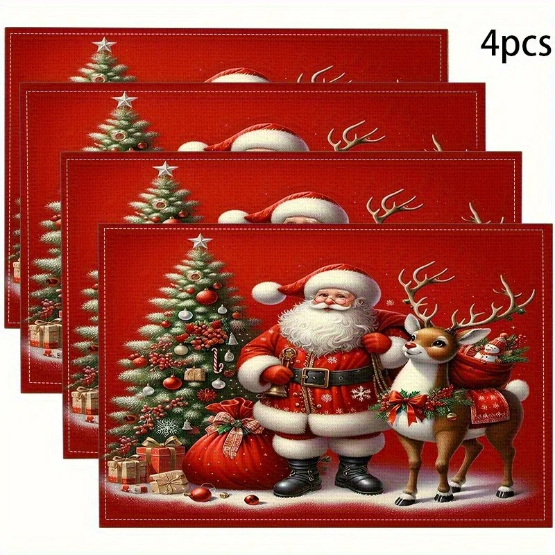Set of 4 Christmas Themed Placemats - Table Mats with Santa Claus And Reindeer Design, Holiday Heatproof Coasters