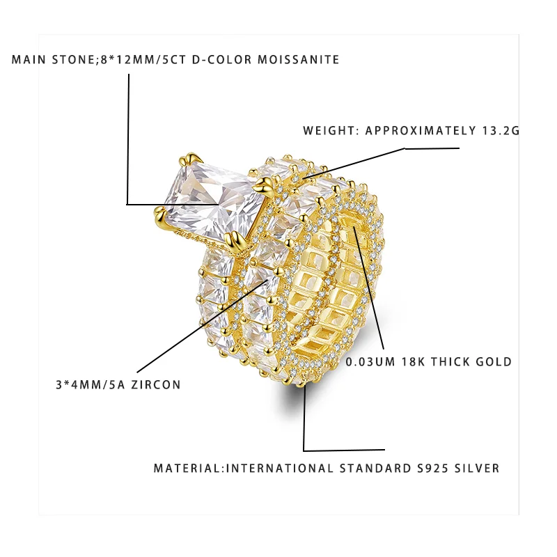

8*12mm 5 Carat D Color Moissanite Ring 925 Sterling Silver 18K Gold Plated Zircon Full Set Engagement Statement Ring