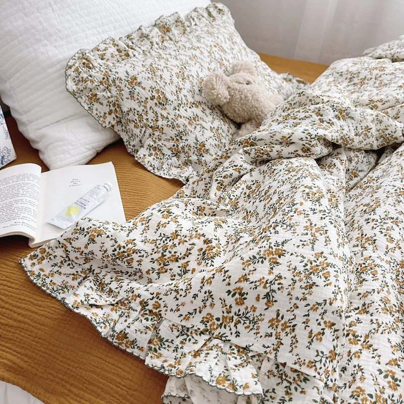 Korean Vintage Floral Printed Ruffled Cotton Baby Duvet Cover Kids Children Infant Cot Crib Duvet Covers