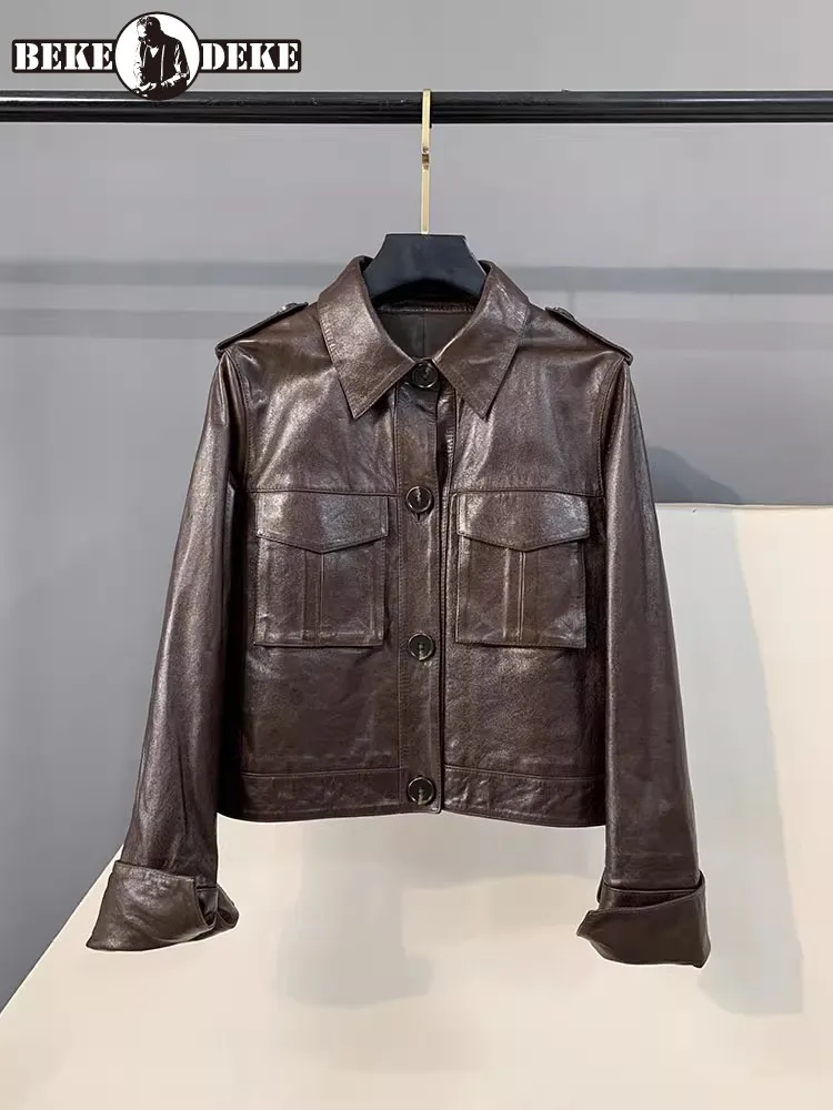 Veste d'automne rétro en cuir véritable pour femme, simple boutonnage, cire d'huile, peau de mouton, Punk, manteau court, Streetwear, veste de moto décontractée