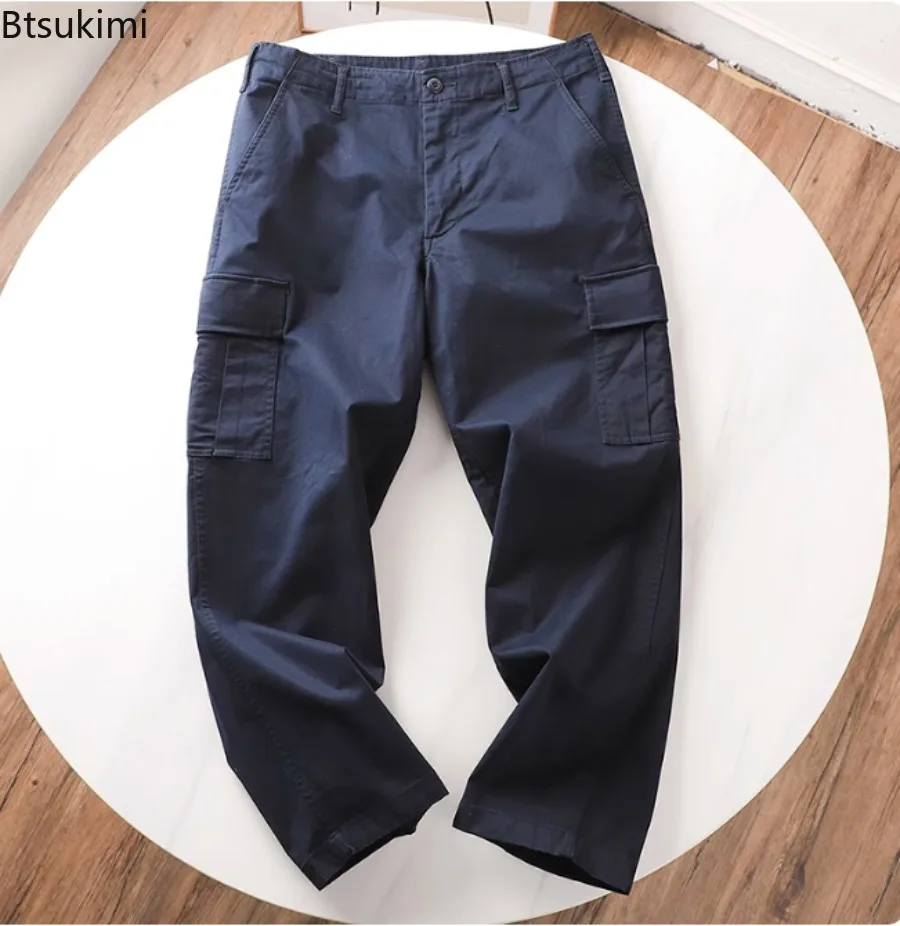 Casual Washed Cotton Elasticity Loose Cargo Pants Multi Pockets Straight Men Pants Solid Leisure Spring Trousers for Daily Wear