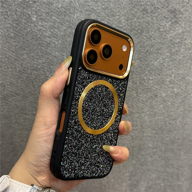 

Luxury Bling Glitter PU Leather Magnetic Case for iPhone 17Pro 16 15 17 17Pro Max Alloy Lens Frame For Magsafe Protective Cover
