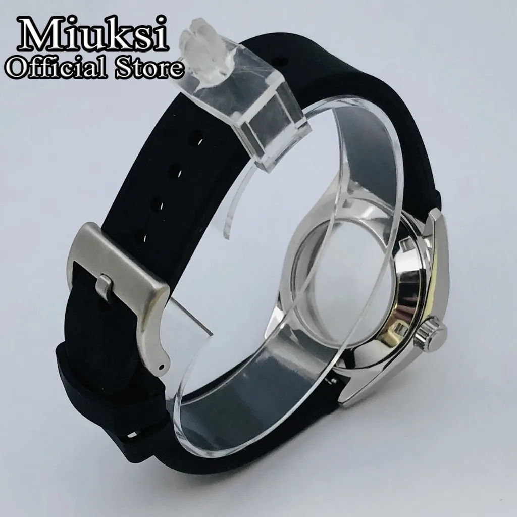 Miuksi 38mm silver watch case sapphire glass black rubber bracelet fit NH35 NH36 NH34 NH38 NH70 NH72 ETA2824 PT5000 movement