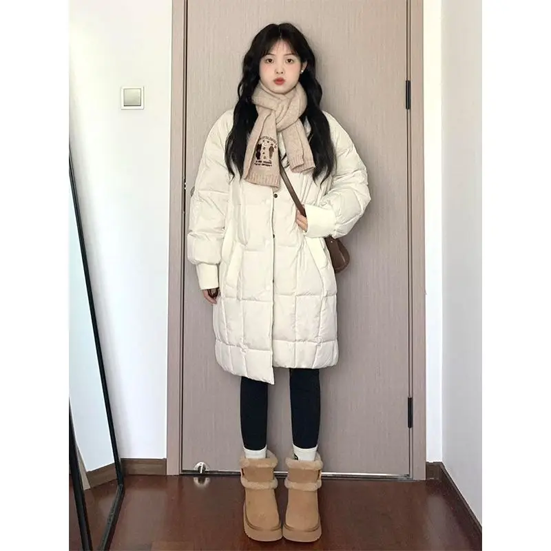 Korean Round Neck Design Down Cotton Clothes for Women's 2025 Winter New Over-the-knee Thickened Student Cotton-Padded Jacket WF